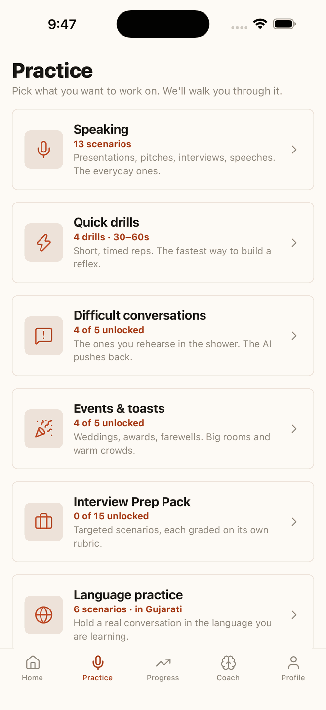 The SpeakIQ scenario picker, listing Speaking, Quick drills, Difficult conversations and Events.